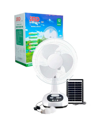 VENTILADOR RECARGABLE JMD 12" MODELO 8052T CON 2 BOMBILLOS Y PANEL SOLAR